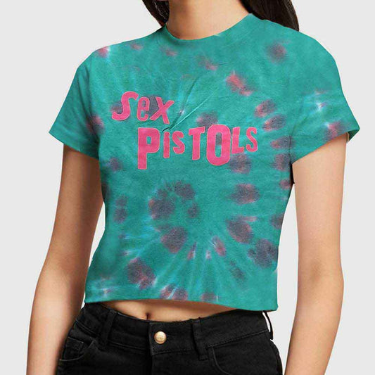 Black cropped t-shirt with a distressed white Sex Pistols logo in a dye-wash finish.