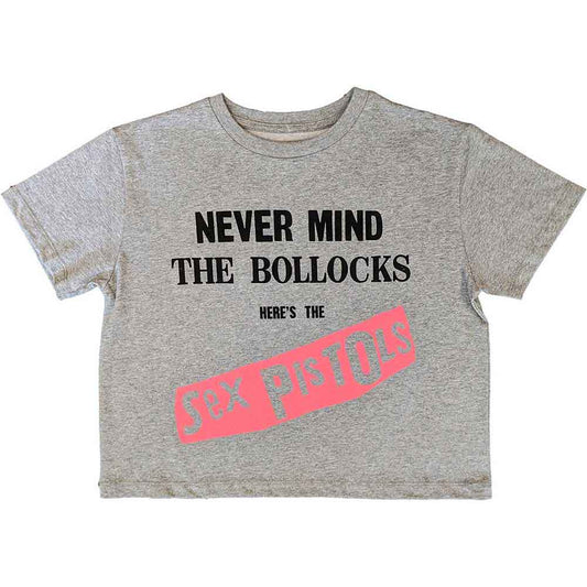Gray crop top with "Never Mind The Bollocks" and Sex Pistols text.