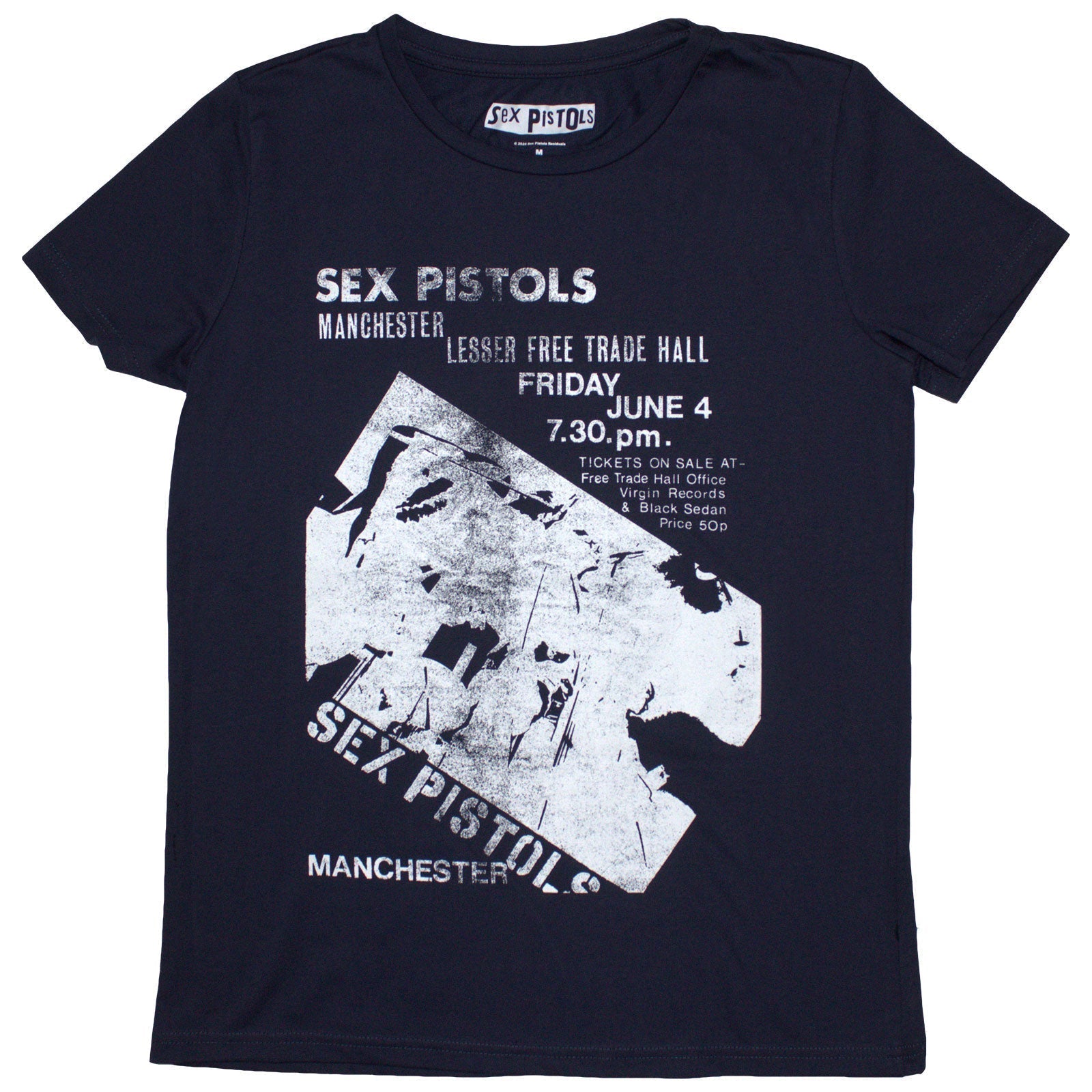 Black ladies t-shirt featuring a vintage Sex Pistols Manchester concert flyer graphic.