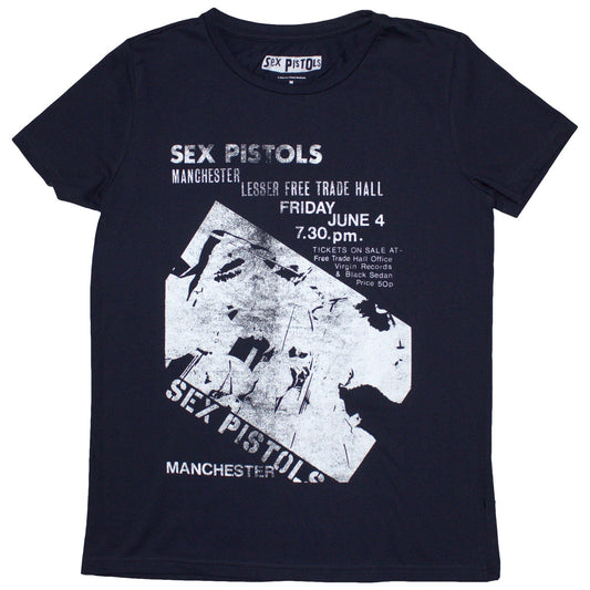 Black ladies t-shirt featuring a vintage Sex Pistols Manchester concert flyer graphic.