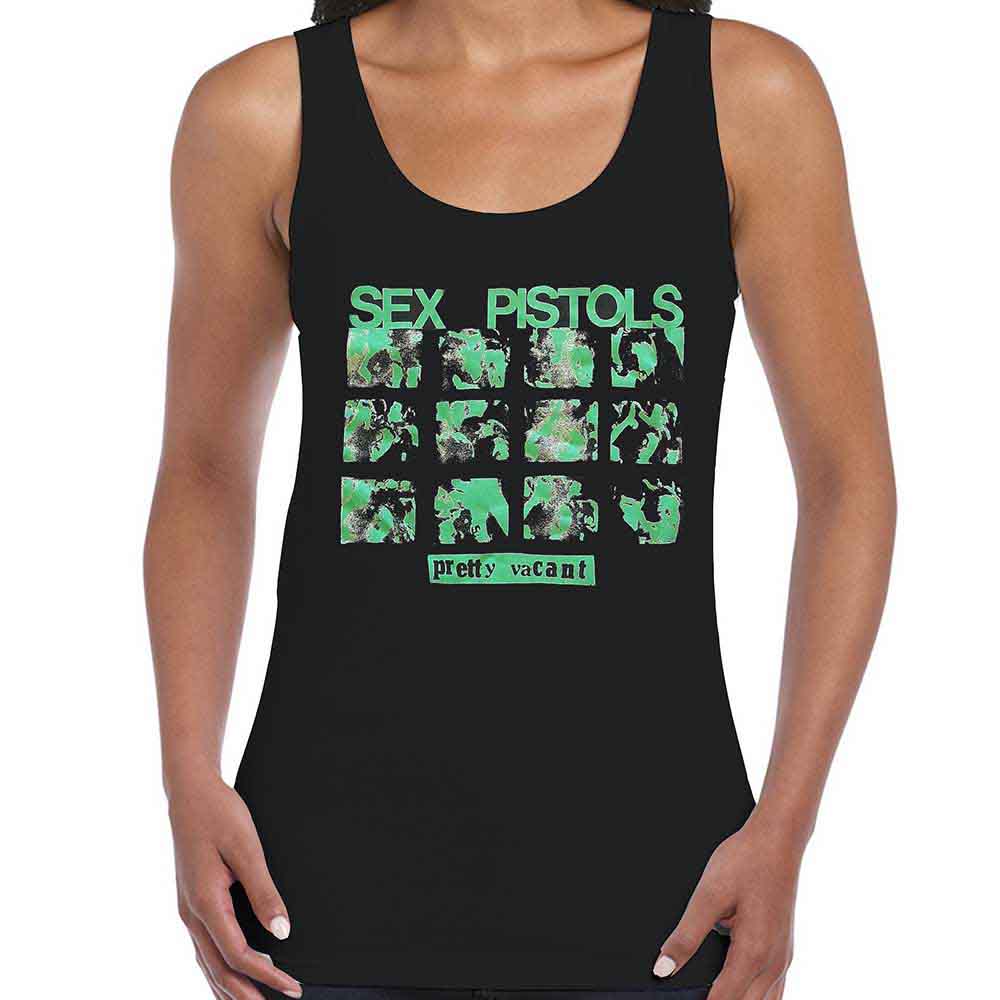 Black ladies vest top featuring the Sex Pistols Pretty Vacant logo in white text.