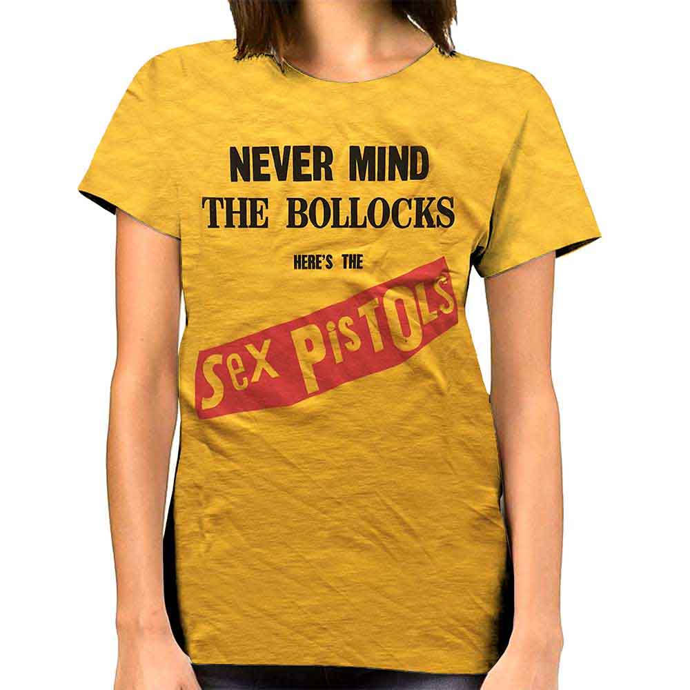 Yellow women’s t-shirt with "Never Mind The Bollocks" and Sex Pistols logo.