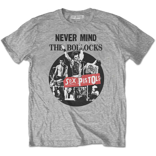Grey t-shirt with distressed Sex Pistols “Never Mind the Bollocks” logo.