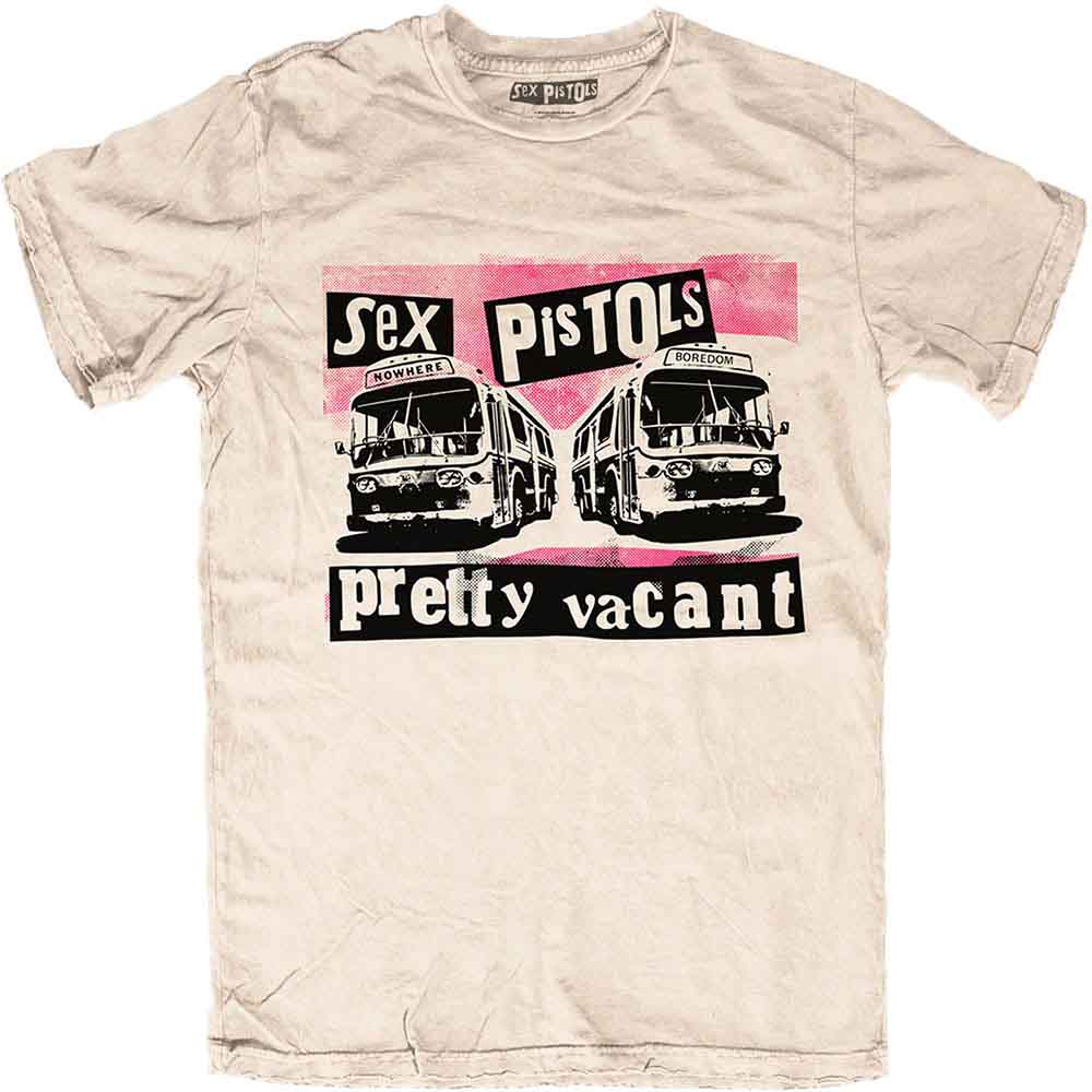 Beige t-shirt with black and pink Sex Pistols "Pretty Vacant" logo.