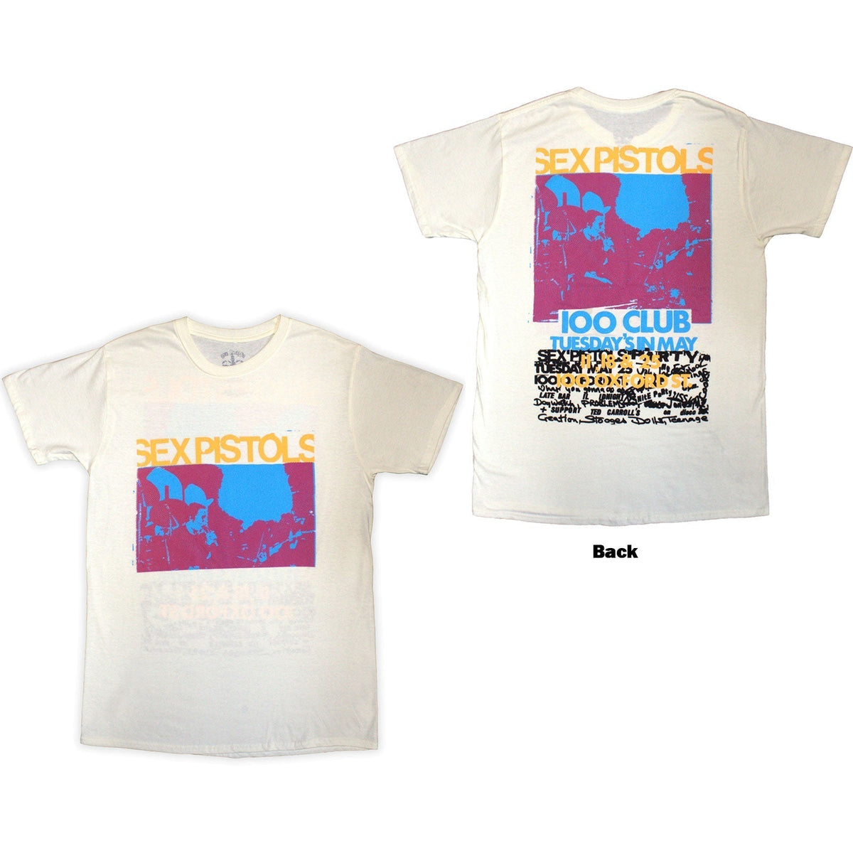 Natural-colored t-shirt with Sex Pistols 100 Club back print, size small.