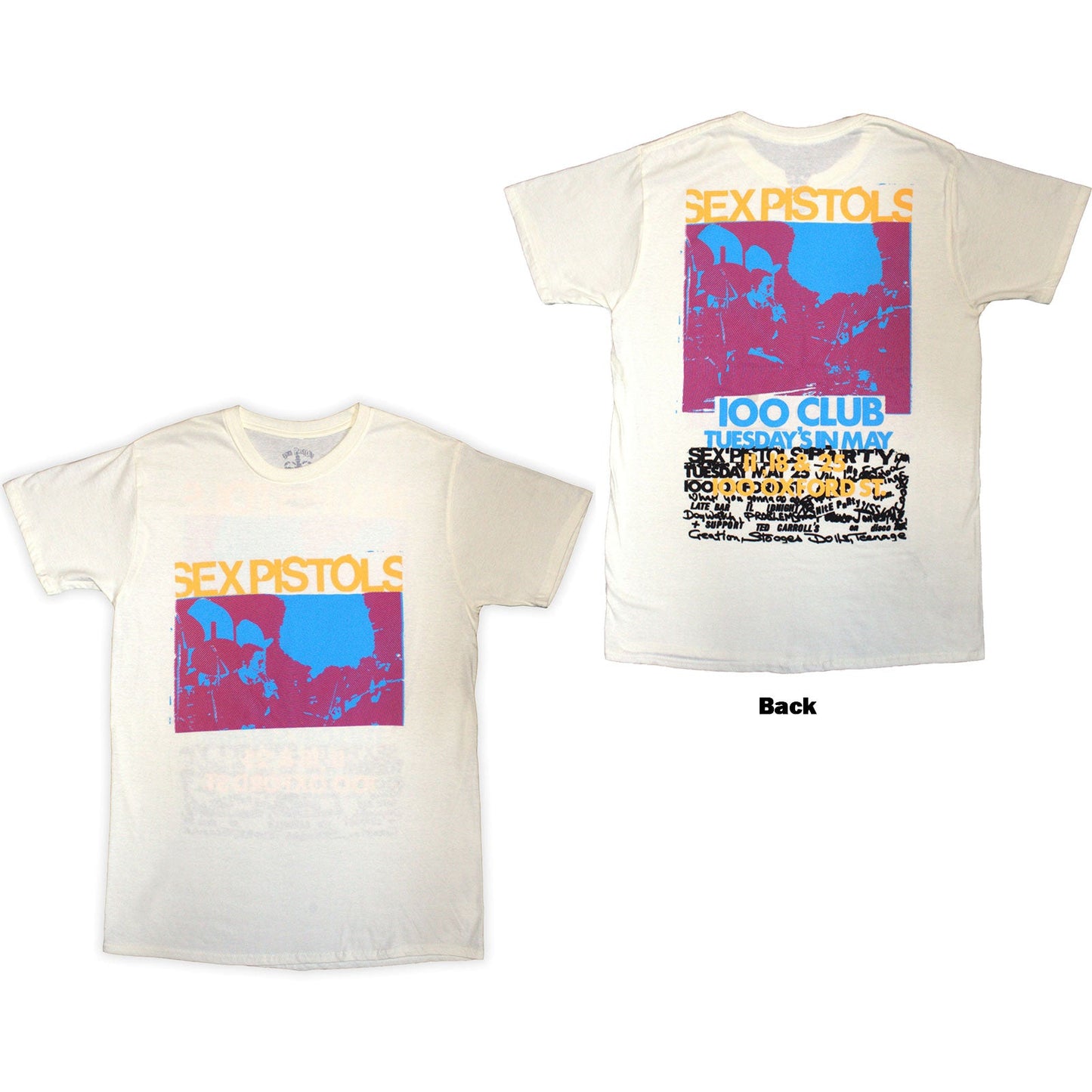 Natural-colored t-shirt with Sex Pistols 100 Club back print, size small.