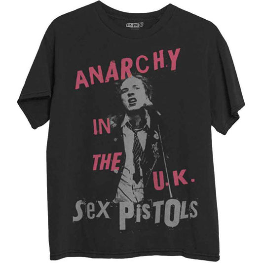 Black t-shirt featuring Sex Pistols’ “Anarchy in the UK” album artwork.
