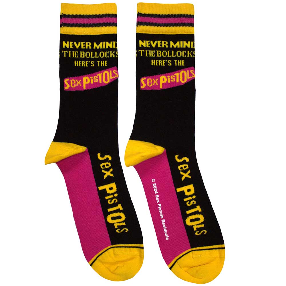 Ankle socks with red and white striped design, referencing Sex Pistols album art.
