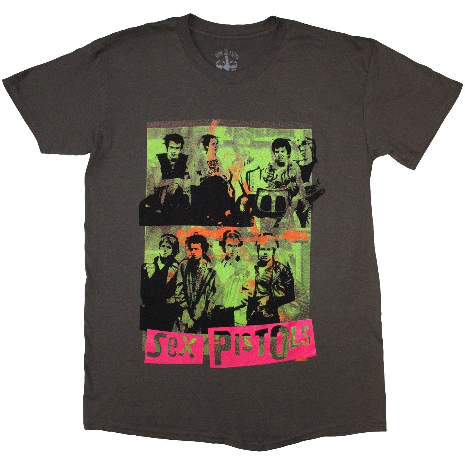 Charcoal grey unisex T-shirt featuring a green montage graphic of The Sex Pistols band.