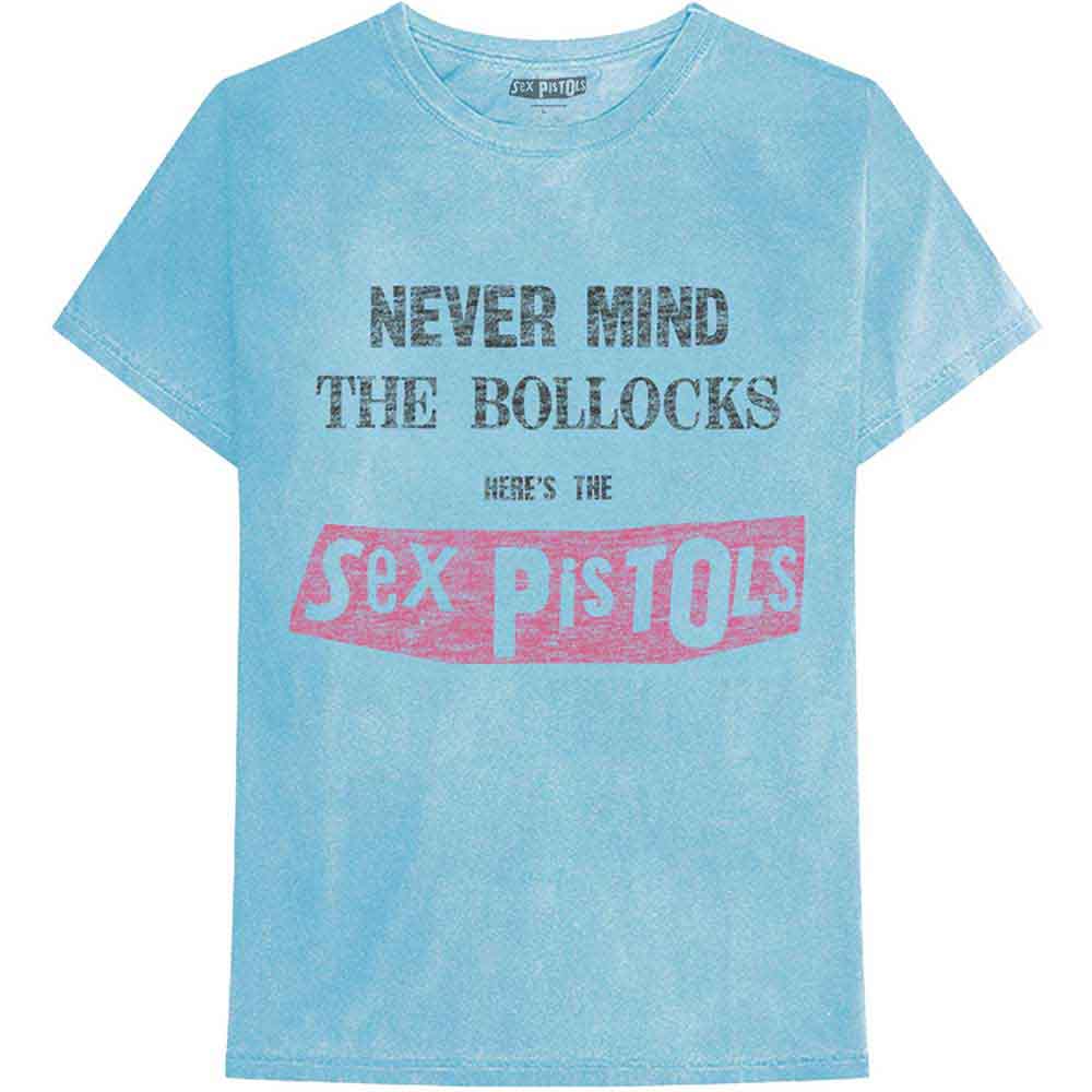 Distressed, mineral-wash t-shirt featuring The Sex Pistols’ “Never Mind the Bollocks” logo.