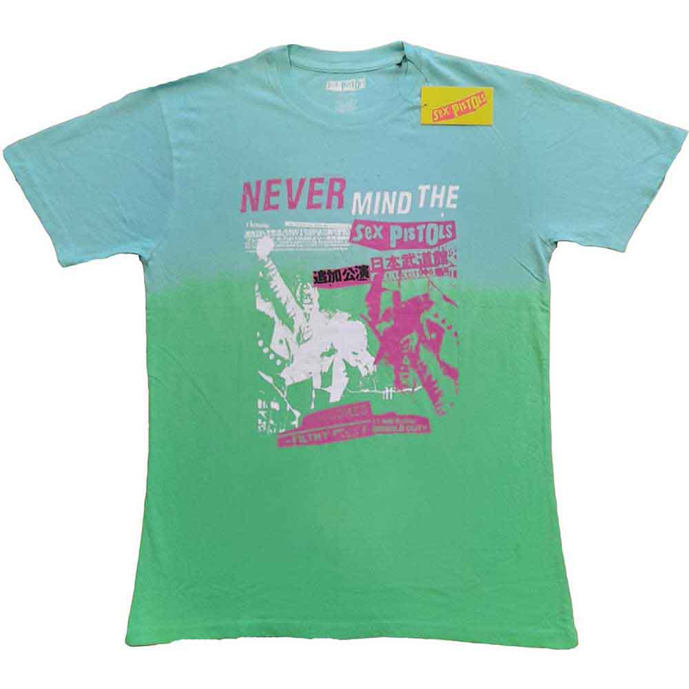 A dip-dye Sex Pistols Never Mind the Bollocks graphic t-shirt on a large frame.