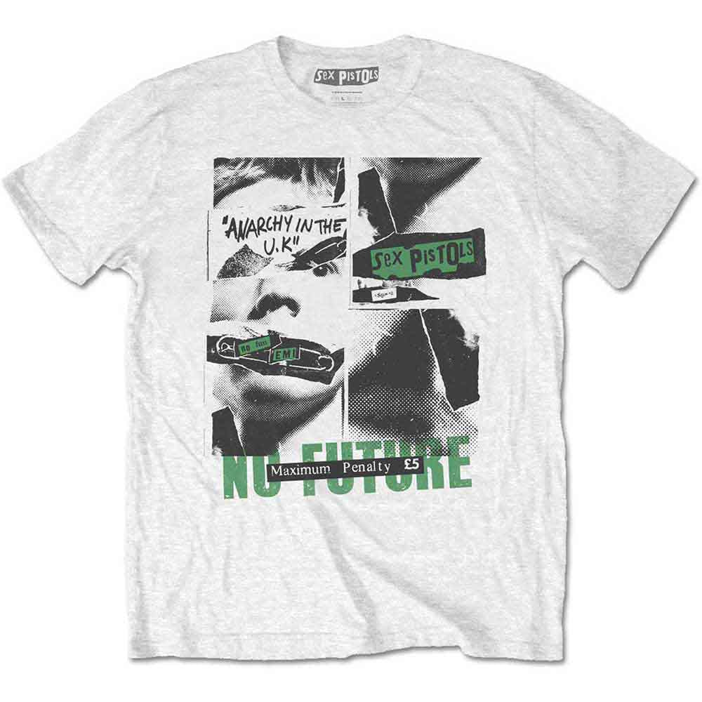 White t-shirt with collage graphic of Sex Pistols imagery and text.