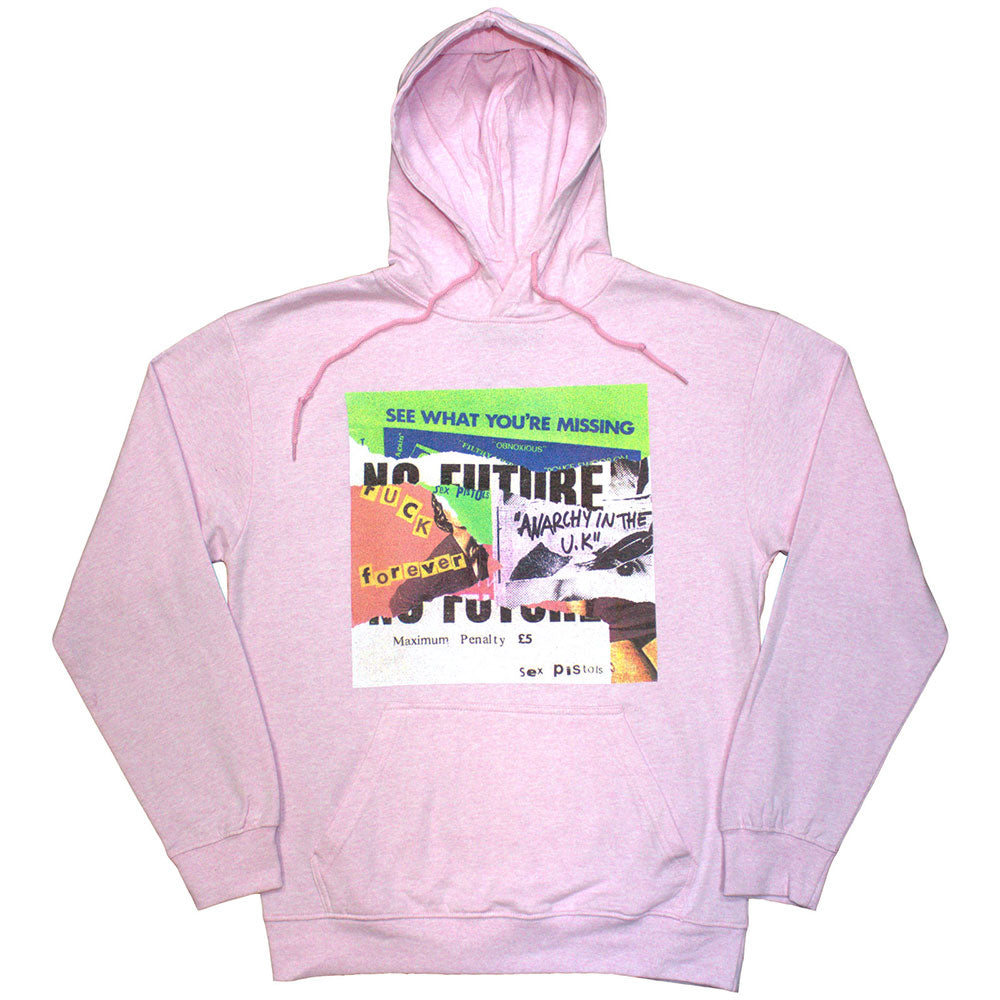 Black unisex pullover hoodie featuring a Sex Pistols collage graphic on the front.