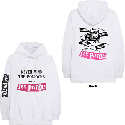 Black hoodie with Sex Pistols “Never Mind The Bollocks” logo on back and sleeves.