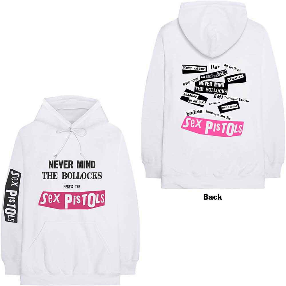 Black hoodie with Sex Pistols “Never Mind The Bollocks” logo on back and sleeves.