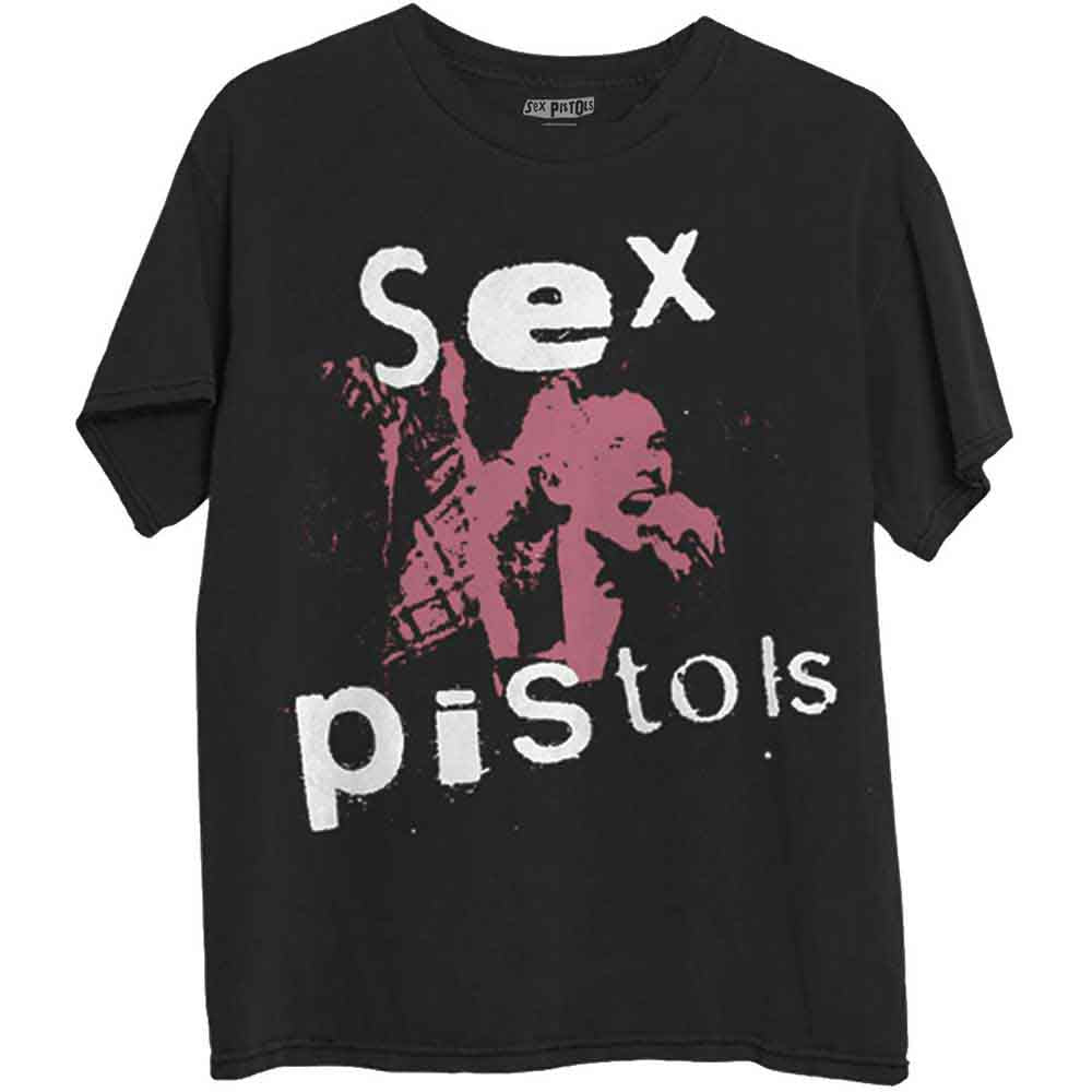 Black unisex t-shirt featuring the Sex Pistols logo and band name in white text.