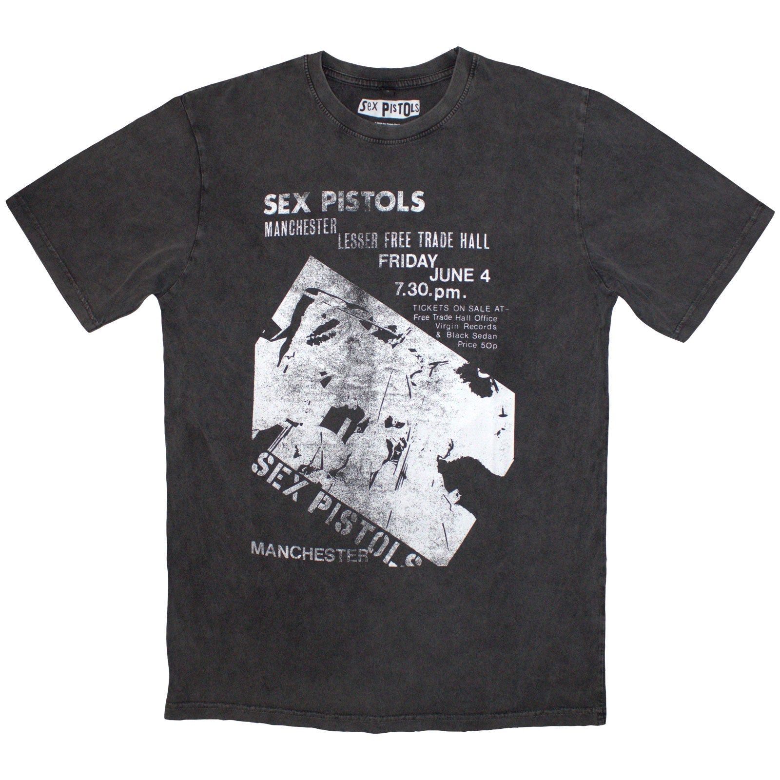 Vintage-style Sex Pistols t-shirt, stone wash, Manchester Flyer design, size X-Large.