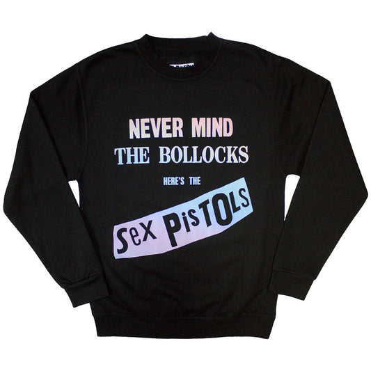 Oversized grey sweatshirt with faded "Never Mind the Bollocks" album cover gradient.
