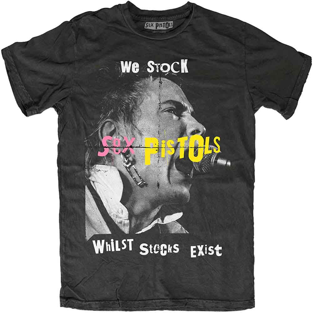 Black Sex Pistols t-shirt with a distressed image of Johnny Rotten performing.
