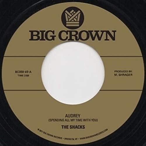 Tan vinyl record label with black text: "Audrey/Fly Fishing" by The Shacks.