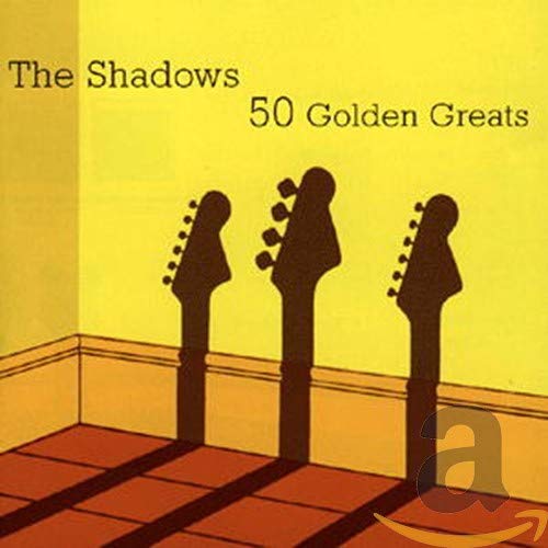 CD cover for "The Shadows - 50 Golden Greats" with guitar silhouettes.