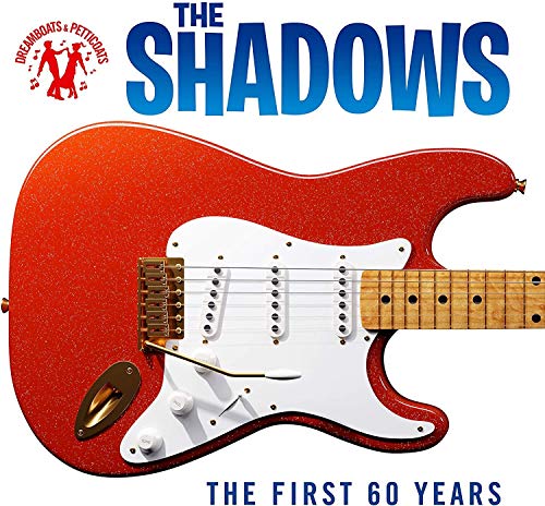 Red electric guitar with "The Shadows" logo and text overlay.