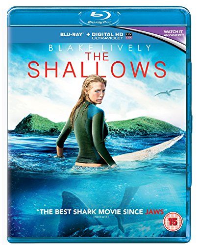 Blu-ray cover for "The Shallows" featuring a surfer in shark-infested water.