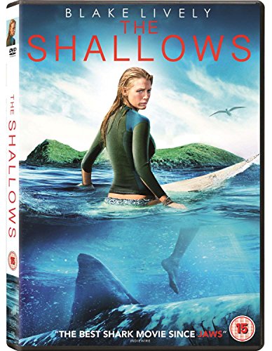DVD cover for The Shallows showing a woman surfing with a shark underwater.