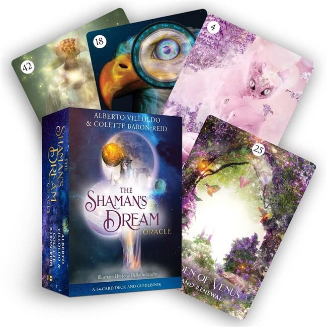 A box set for The Shaman's Dream Oracle surrounded by four illustrated tarot cards.