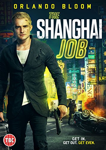 Orlando Bloom holds a gun in front of a neon-lit Shanghai street scene.