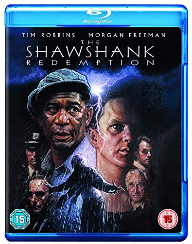 Blu-ray cover for "The Shawshank Redemption" featuring portraits in rain.