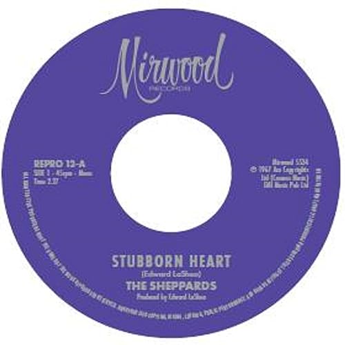 Purple Mirwood Records 7-inch vinyl record label for The Sheppards song Stubborn Heart.