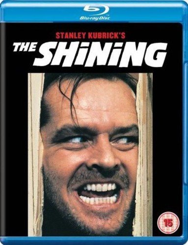 Blu-ray cover for The Shining featuring Jack Nicholson peering through a broken wooden door.
