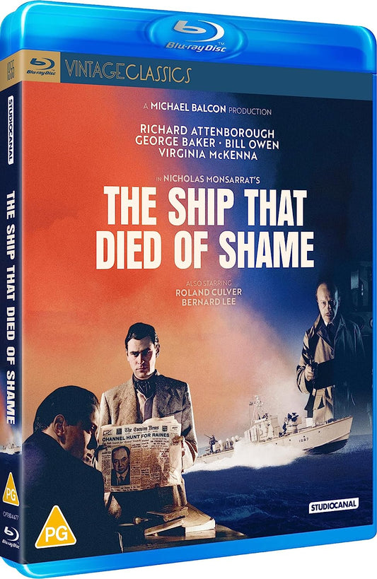 "Blue Blu-ray case with 'The Ship That Died of Shame' cover art featuring men and a ship."