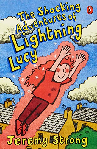 Book cover: girl with red hair flying amidst clouds and lightning.