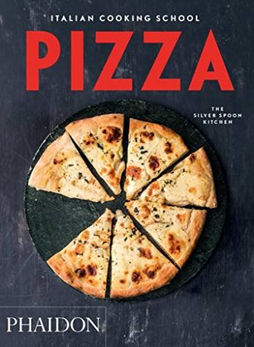 Cookbook cover featuring a pizza with cheese and herbs, titled "Pizza".
