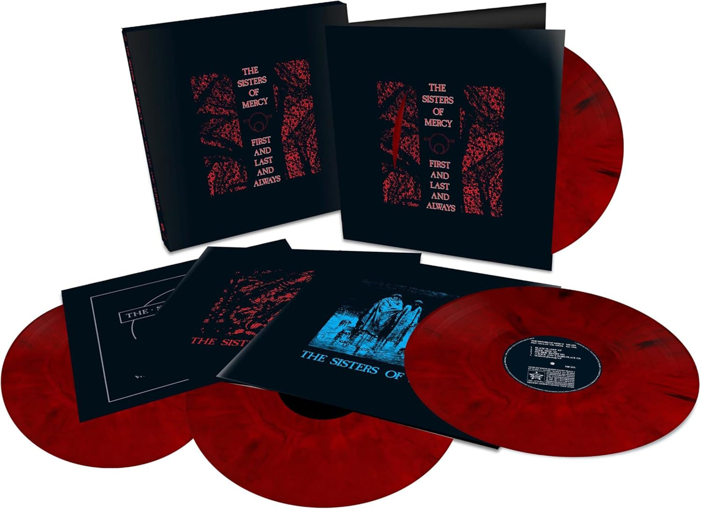 The Sisters Of Mercy vinyl album, black cover, with red records.