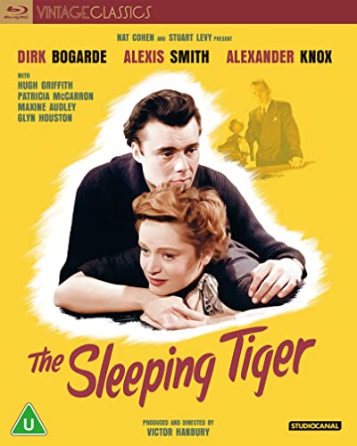 Blu-ray cover for "The Sleeping Tiger" featuring a couple in embrace.