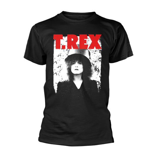 Black t-shirt with a graphic of Marc Bolan of T.Rex in red and white.