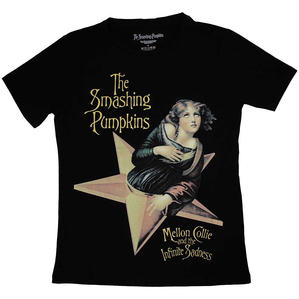 Ladies’ black t-shirt featuring The Smashing Pumpkins’ *Mellon Collie* artwork.