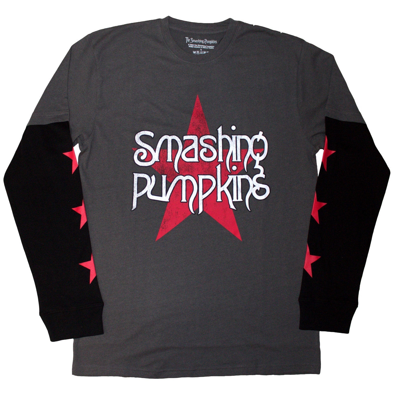 Charcoal long sleeve t-shirt with red star and "Smashing Pumpkins" text.