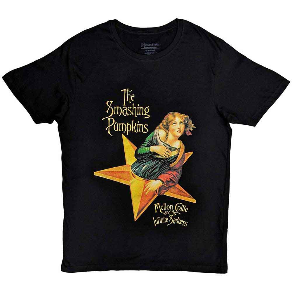 Black unisex t-shirt featuring the Mellon Collie and the Infinite Sadness album cover art.