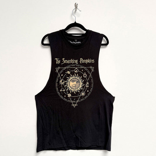 Black vest t-shirt with a celestial sun design, Smashing Pumpkins logo.