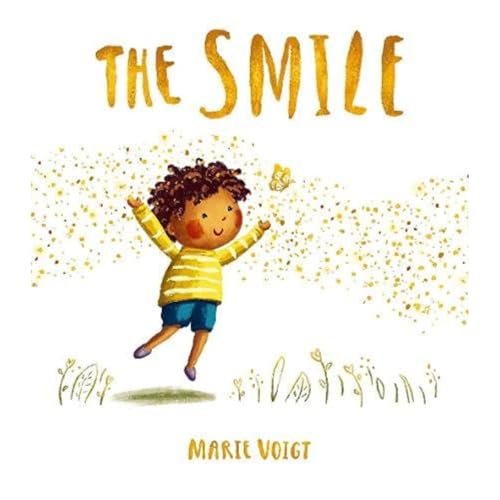 A child in a yellow striped shirt jumps joyfully amidst golden sparkles and butterflies.
