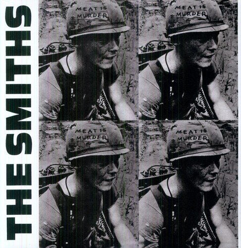 "Album cover featuring a black-and-white collage of a man wearing a 'Meat is Murder' hat."