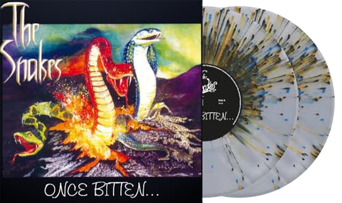 “Once Bitten…” vinyl record with snake artwork and clear splatter effect.
