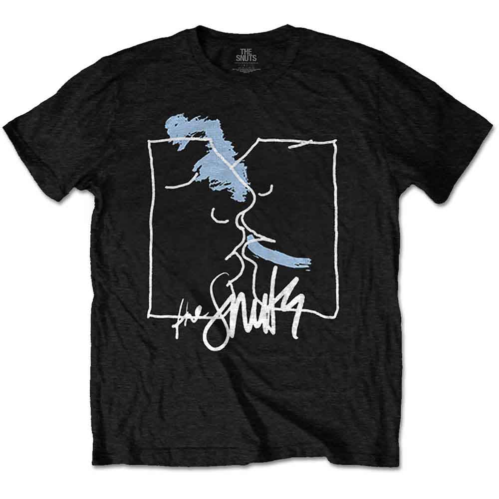 Black t-shirt with white and blue graphic of a face and band logo.