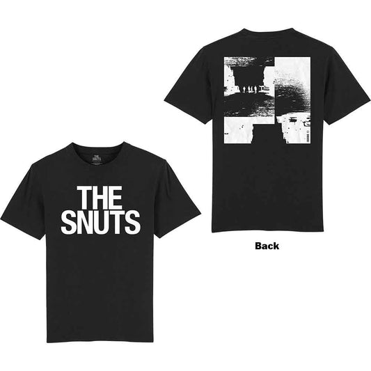 Man wearing a black t-shirt with white "The Snuts" text.