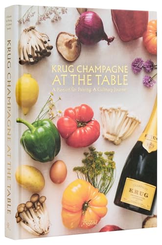 Book cover with champagne bottle and colorful fresh produce arranged around it.
