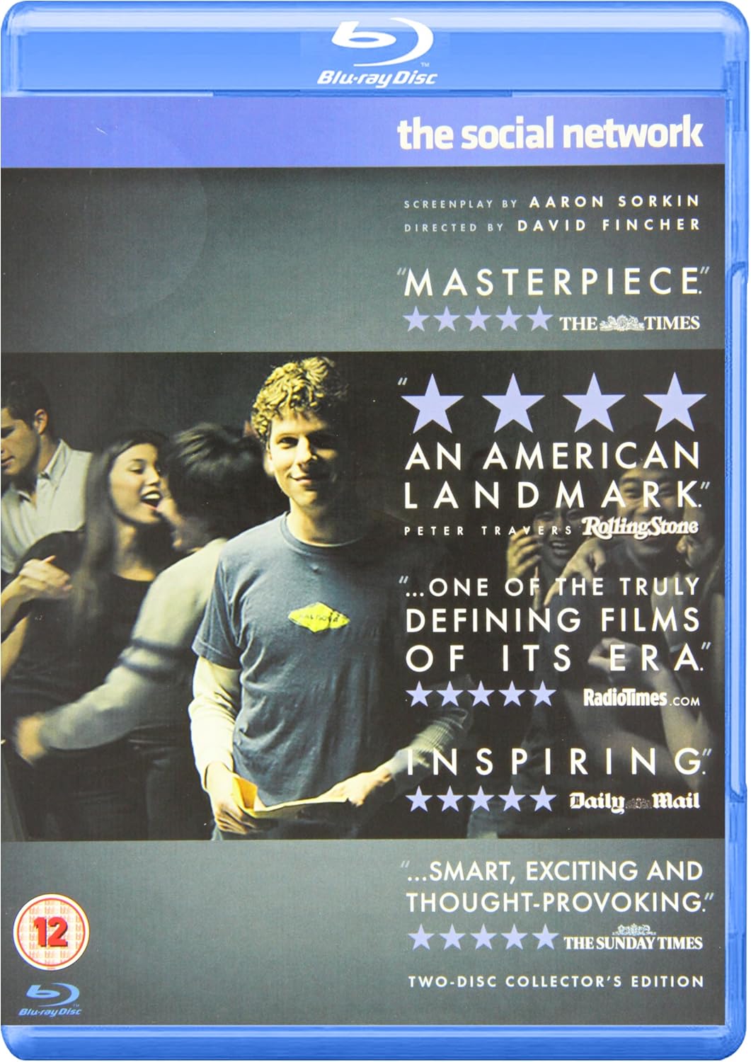 Blu-ray cover for The Social Network featuring a man in a blue t-shirt.